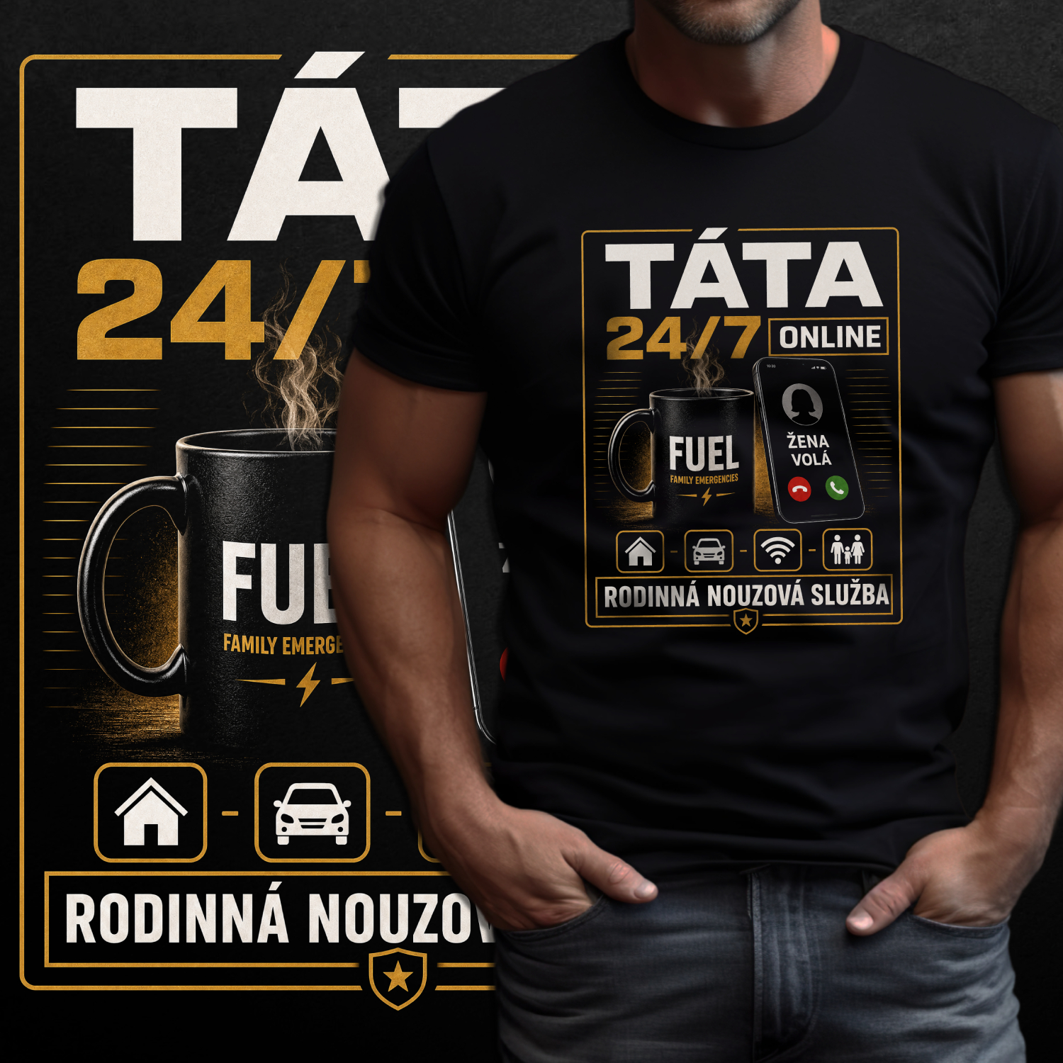 Tričko s potiskem Táta 24-7 Online - Rodinná nouzová služba - verze2