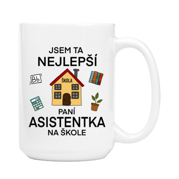 Hrnek velký bílý s potiskem Nejlepší paní asistentka na škole