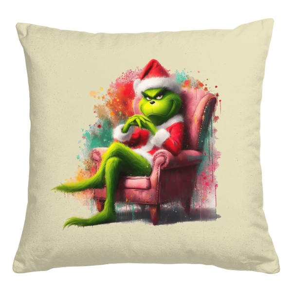 Vankúš bavlnený s potlačou Usměvavý Grinch v křesle art