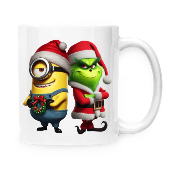 Hrnček malý biely s potlačou Vánoční Mimon a Grinch hrnek